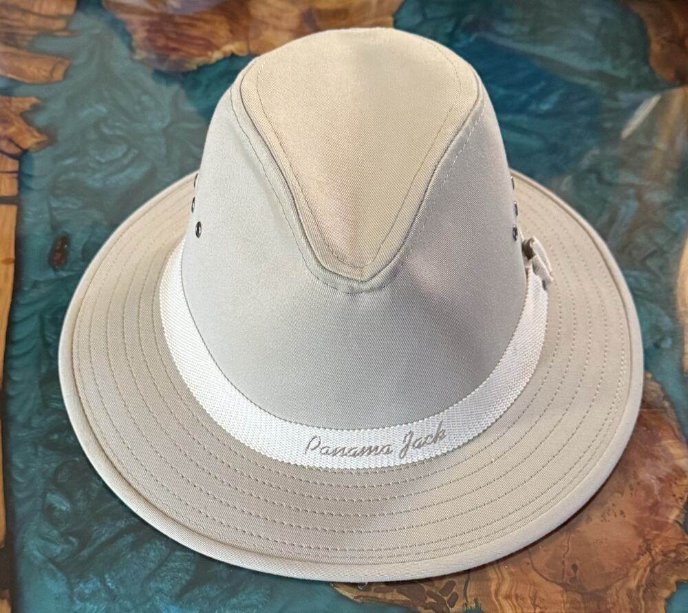 VINTAGE Panama Jack Canvas Hat Tan/Khaki Color with Cream Woven Band XL